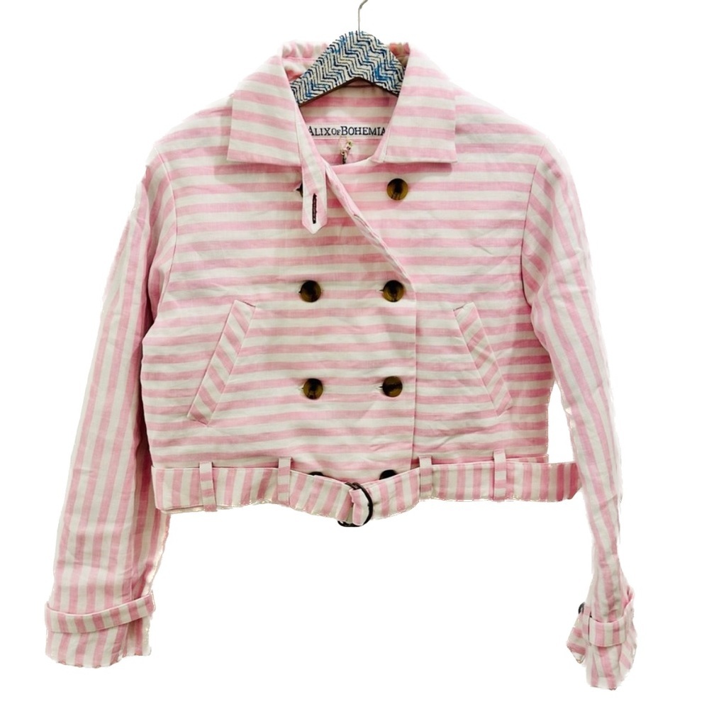 NWT Alix of Bohemia Marina Linen Bomber Jacket XS pink white stripe